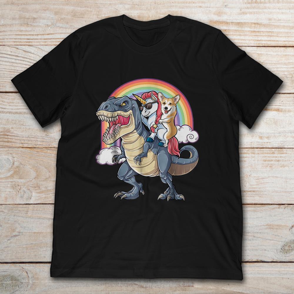 Corgi and Unicorn Riding T-Rex Rainbow