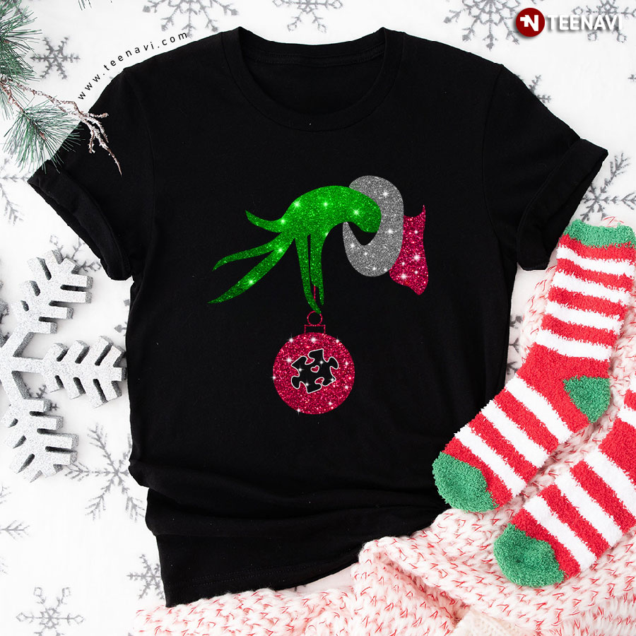 Grinch Hand Holding Autism Awareness Christmas T-Shirt