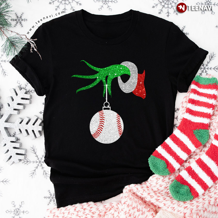 Grinch Hand Holding Baseball Ball Christmas T-Shirt