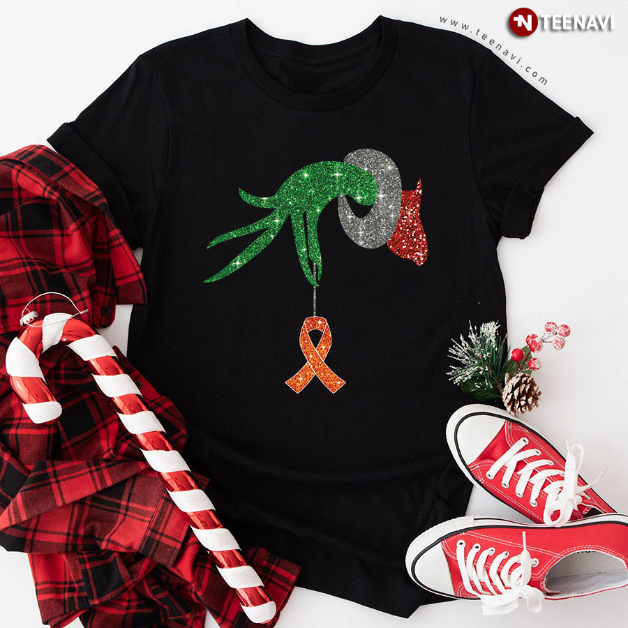 Grinch Hand Holding Ribbon Heart Multiple Sclerosis Awareness Christmas T-Shirt