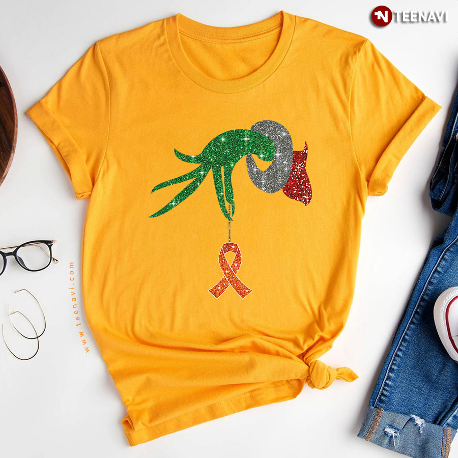 Grinch Hand Holding Ribbon Heart Multiple Sclerosis Awareness Christmas T-Shirt
