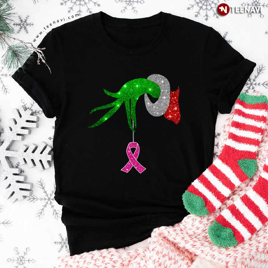Grinch Hand Holding Breast Cancer Awareness Christmas T-Shirt