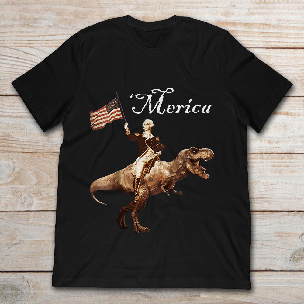 George Washington Riding A Tyrannosaurus Waving America Flag