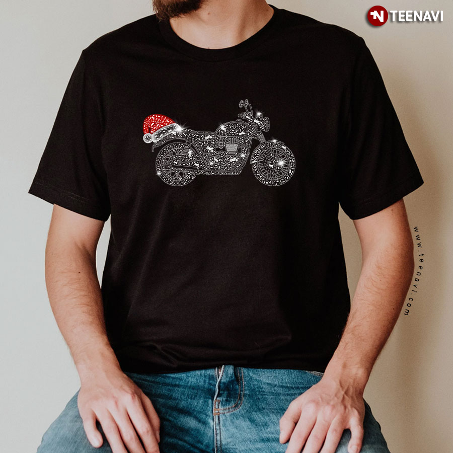 Rhinestone Motorcycle With Santa Claus Hat T-Shirt