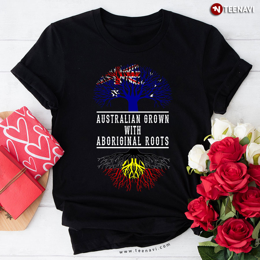 Australian Grown With Aboriginal Roots Australian Aboriginal Flag T-Shirt