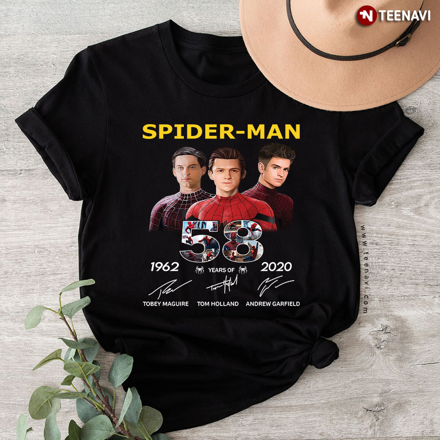 58 Years Of Spider-man Tobey Maguire Tom Holland Andrew Garfield Singatures T-Shirt