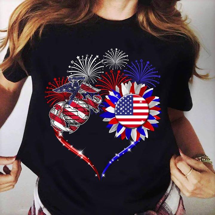 Sunflower Firework Heart U.S Marine Corps 4th Of July American Independence Day