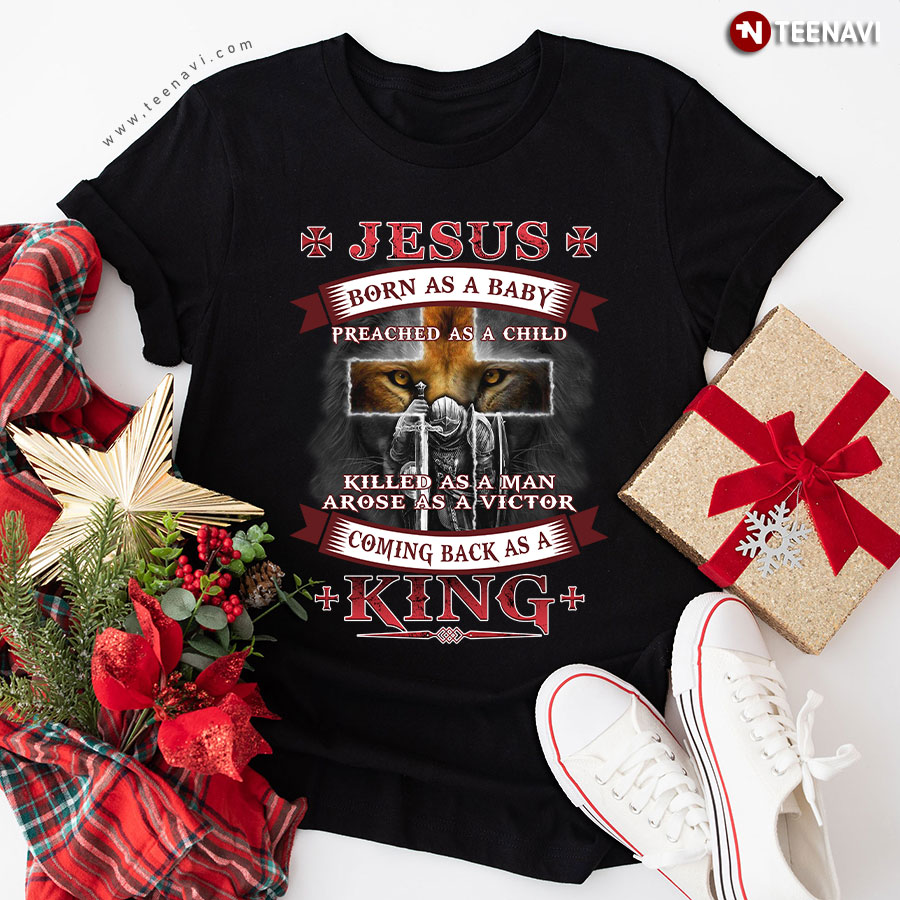 Viking Wolf Jesus Born As A Baby Preached As A Child Killed As A Man Arose As A Victor Coming Back As King T-Shirt