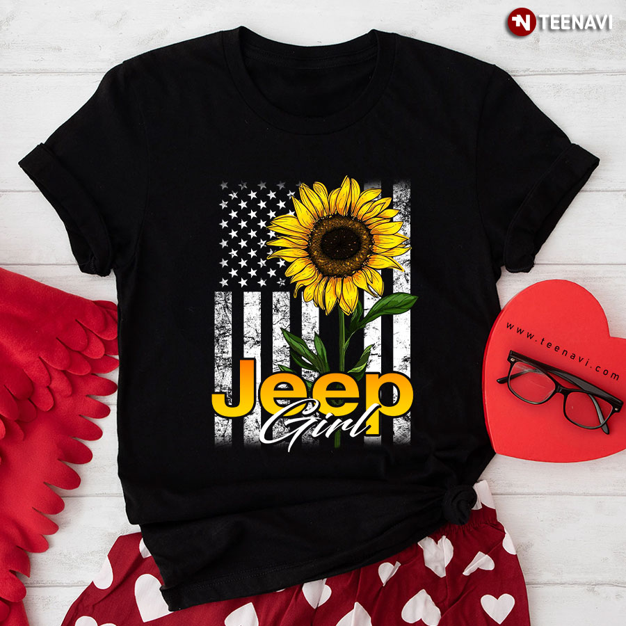Sunflower Jeep Girl American Flag T-Shirt