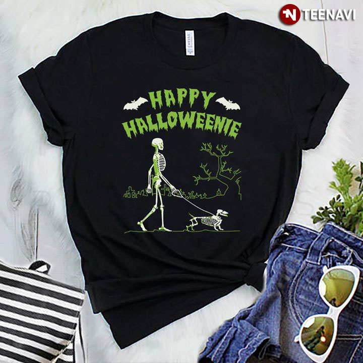 Skeleton Leading Dachshund Happy Halloweenie