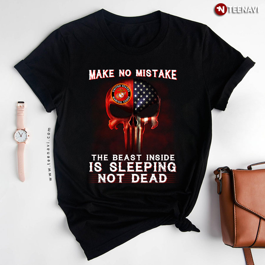 Punisher Skull Flag U.S. Marine Make No Mistake The Beast Inside Is Sleeping Not Dead T-Shirt
