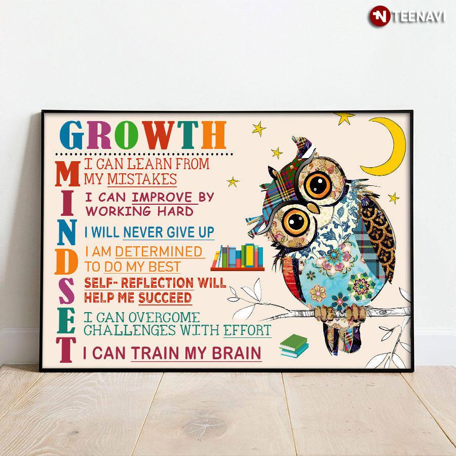Cute Owl Growth Mindset I Can Learn From My Mistakes I Can Improve By Working Hard I Will Never Give Up Poster
