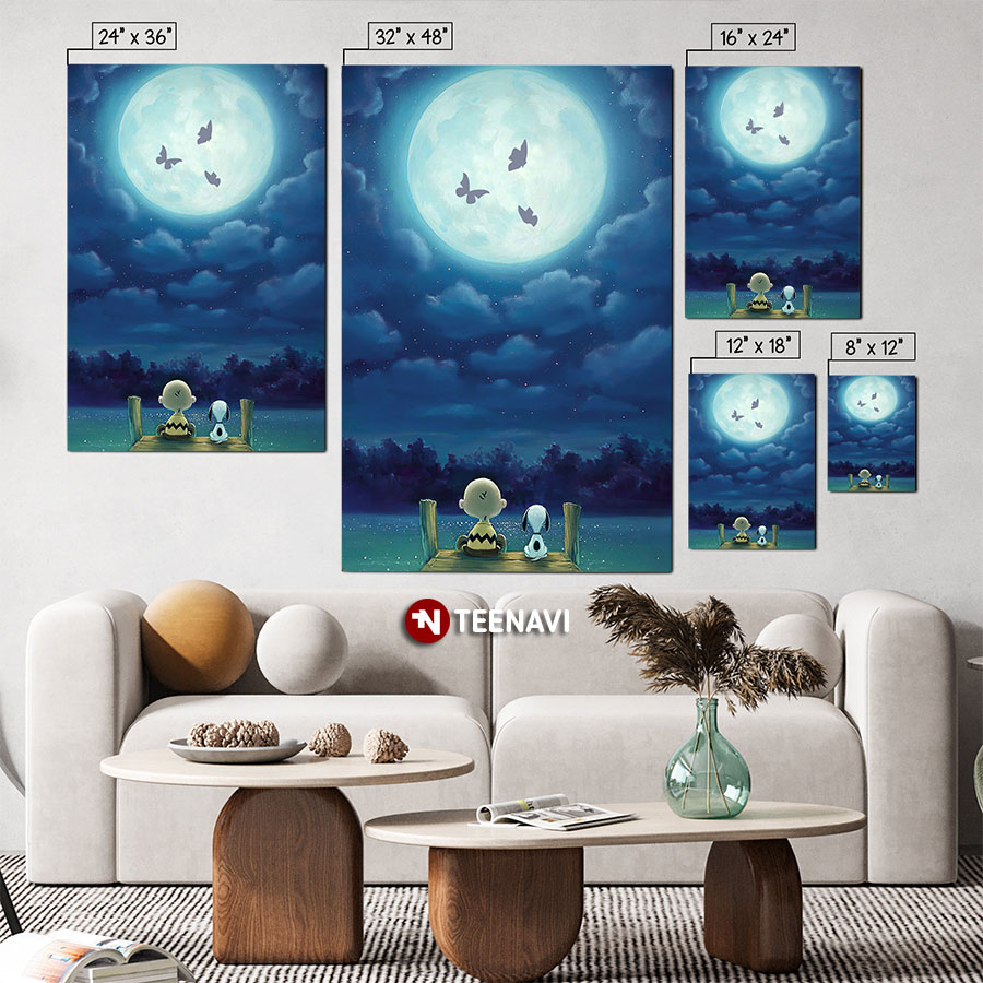 Peanuts Snoopy Charlie Brown Sitting By The Lake Watching Butterflies And Moon