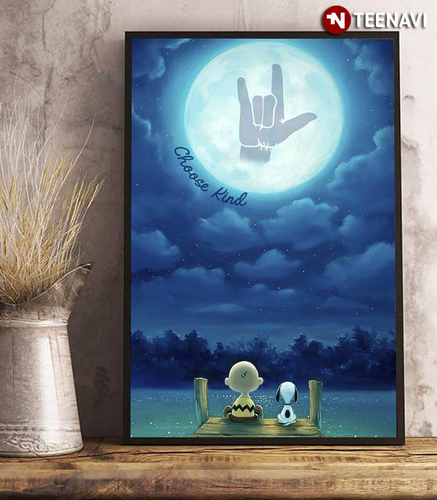 Rock On Hand Sign Choose Kind Peanuts Snoopy & Charlie Brown Sitting By The Lake Watching Moon
