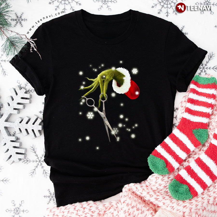 Grinch Hand Holding Scissors Christmas T-Shirt