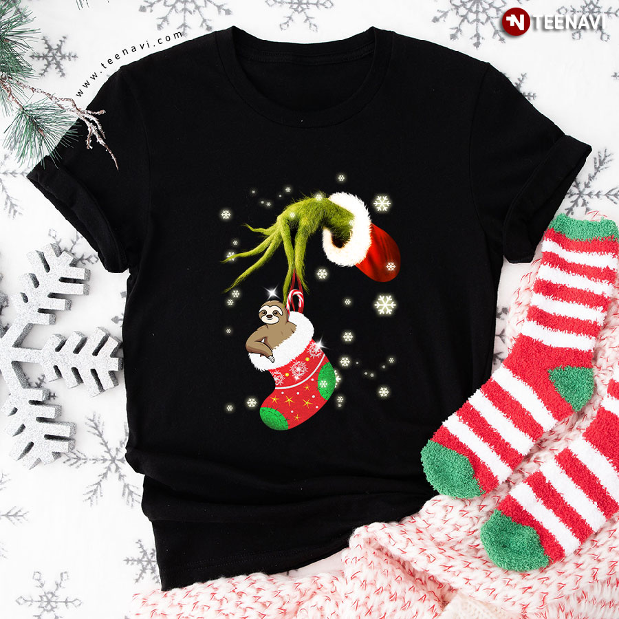Grinch Hand Holding Sloth In Sock Christmas T-Shirt