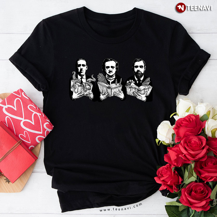 H.P Lovecraft Edgar Allan Poe And Herman Melville With Books Monsters T-Shirt