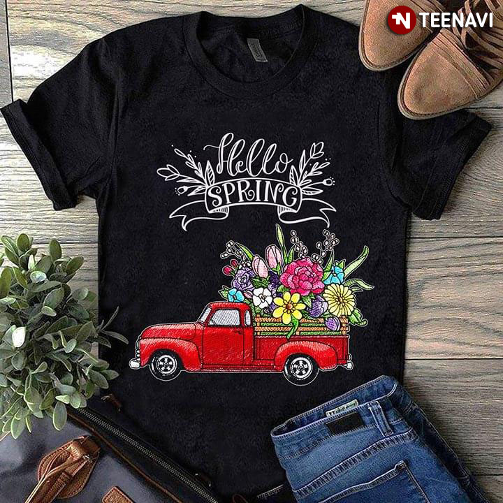 Vintage Truck Carrying Flower Hello Spring