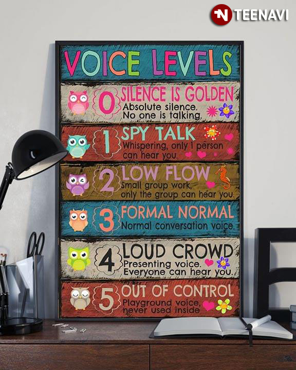 Funny Owls Voice Levels 0 Silence Is Golden 1 Spy Talk 2 Low Flow 3 Formal Normal 4 Loud Crowd 5 Out Of Control