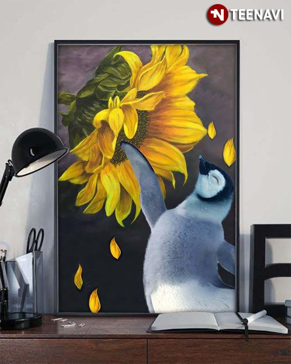 Happy Penguin Dancing Around A Sunflower