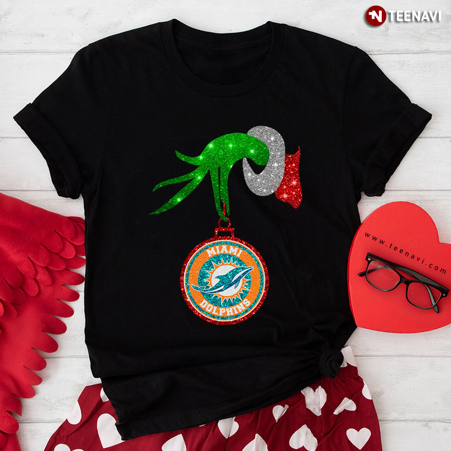 Grinch Hand Holding Miami Dolphins Christmas T-Shirt