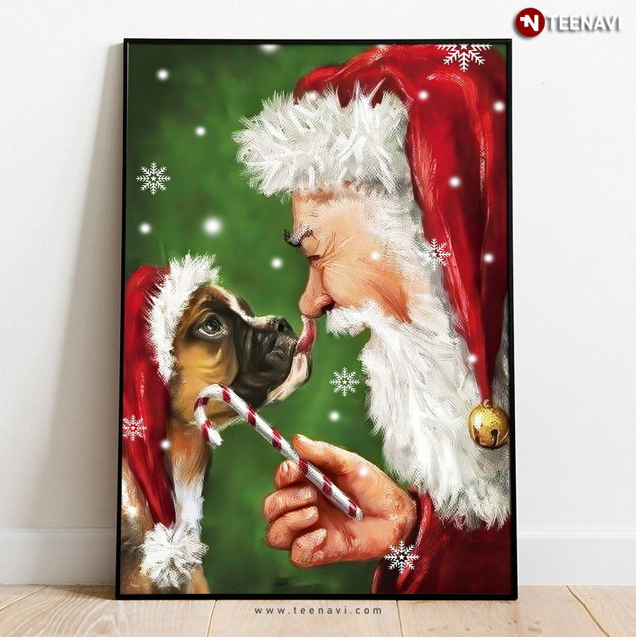 Merry Christmas Boxer Dog Wearing A Santa Hat And Santa Claus Poster