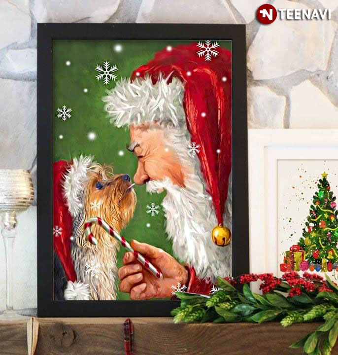 Merry Christmas Yorkshire Terrier Dog Wearing A Santa Hat And Santa Claus