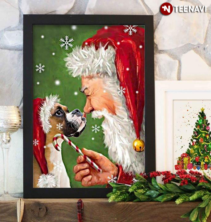 Merry Christmas Boxer Dog Wearing A Santa Hat And Santa Claus