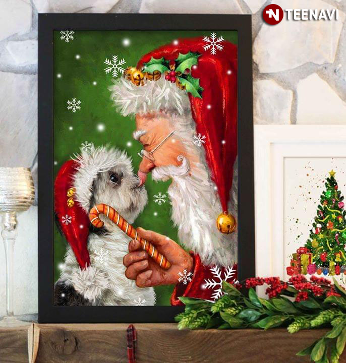 Merry Christmas Shih Tzu Dog Wearing A Santa Hat And Santa Claus