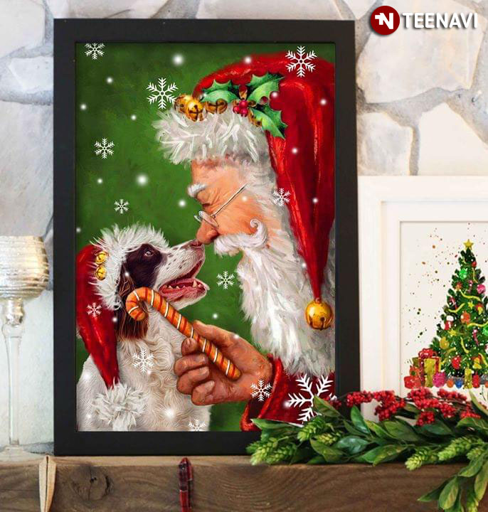 Merry Christmas Springer Spaniel Dog Wearing A Santa Hat And Santa Claus