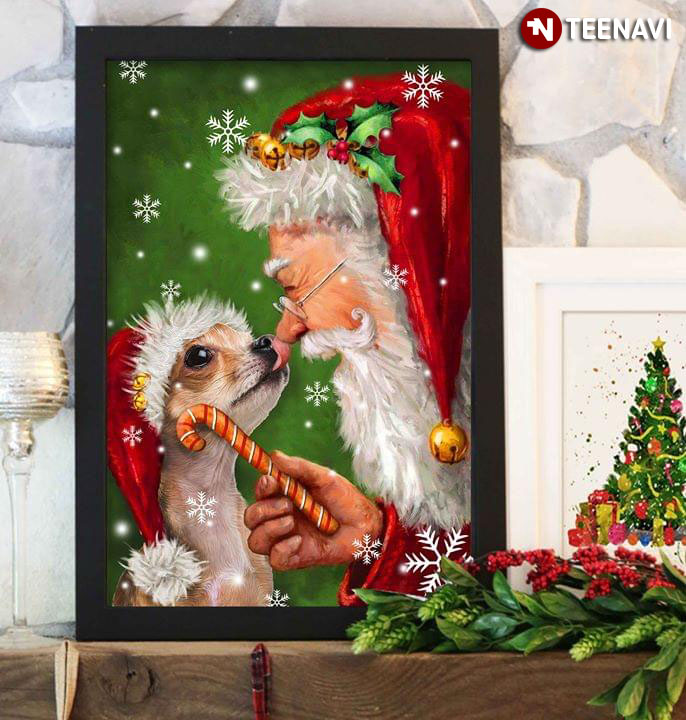 Merry Christmas Chihuahua Dog Wearing A Santa Hat And Santa Claus