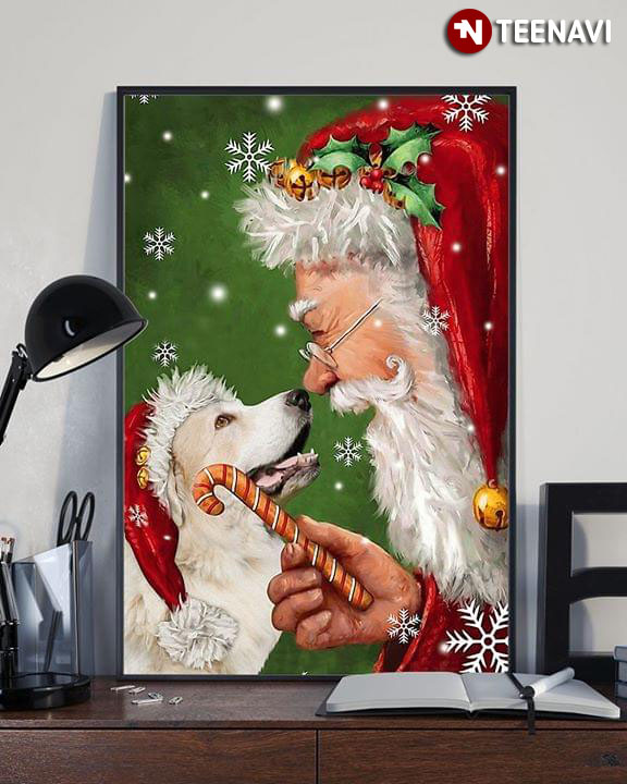 Merry Christmas Labrador Retriever Dog Wearing A Santa Hat And Santa Claus