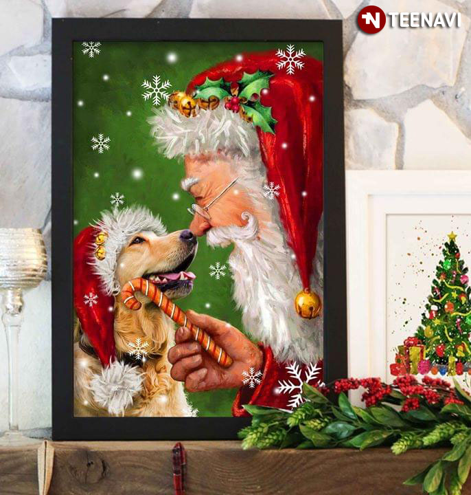 Merry Christmas Golden Retriever Dog Wearing A Santa Hat And Santa Claus