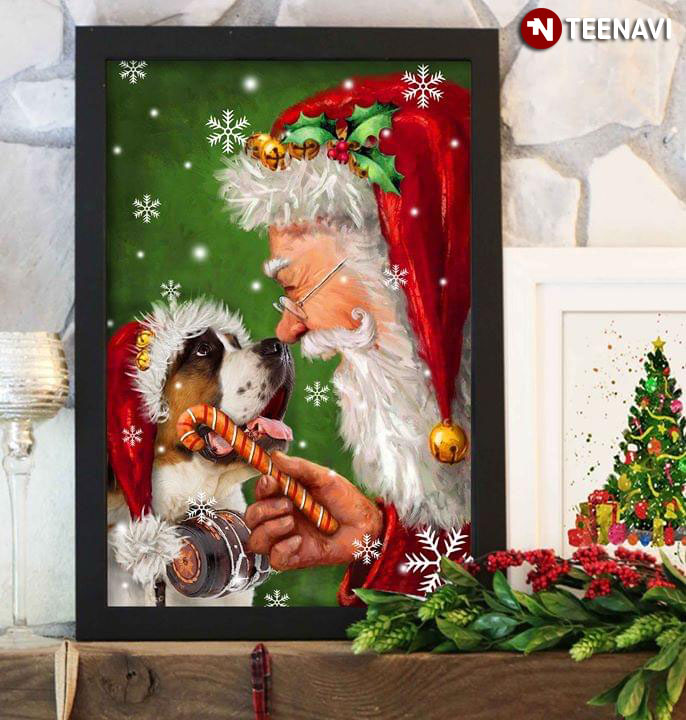 Merry Christmas Saint Bernard Dog Wearing A Santa Hat And Santa Claus