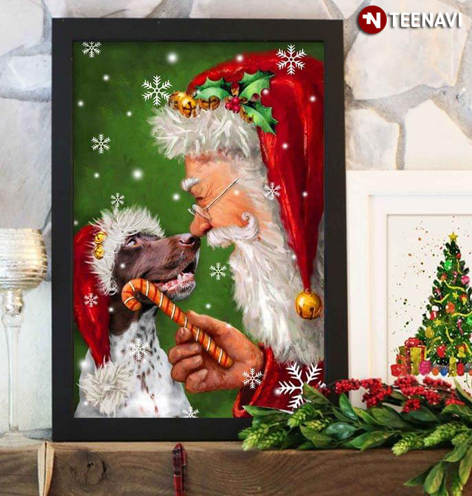 Merry Christmas German Shorthaired Pointer Dog Wearing A Santa Hat And Santa Claus