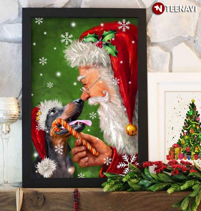 Merry Christmas Dachshund Dog Wearing A Santa Hat And Santa Claus