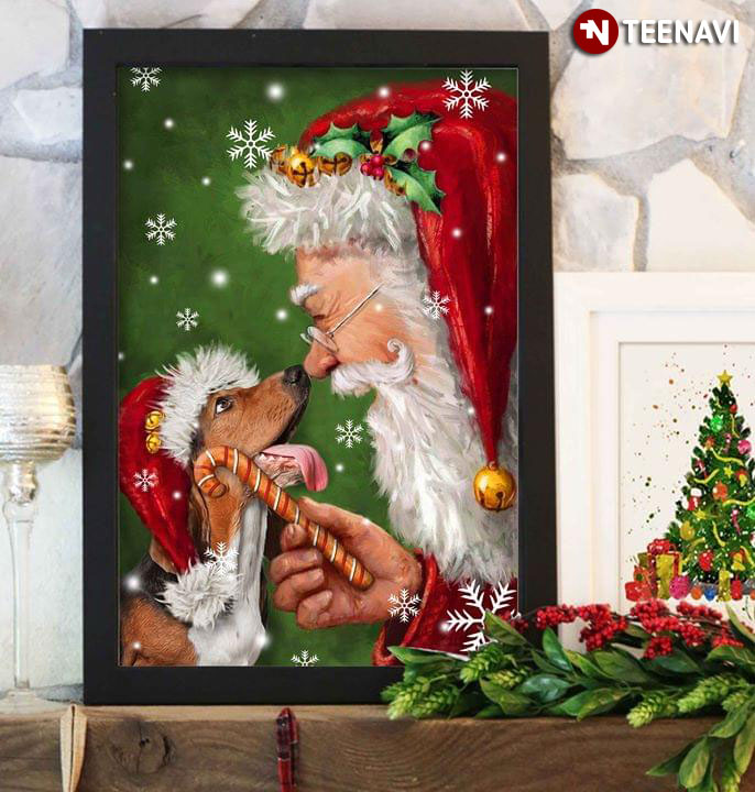 Merry Christmas Basset Hound Dog Wearing A Santa Hat And Santa Claus