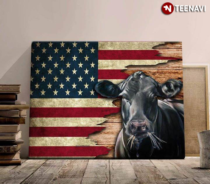 Cool Black Cow And American Flag For American Patriots