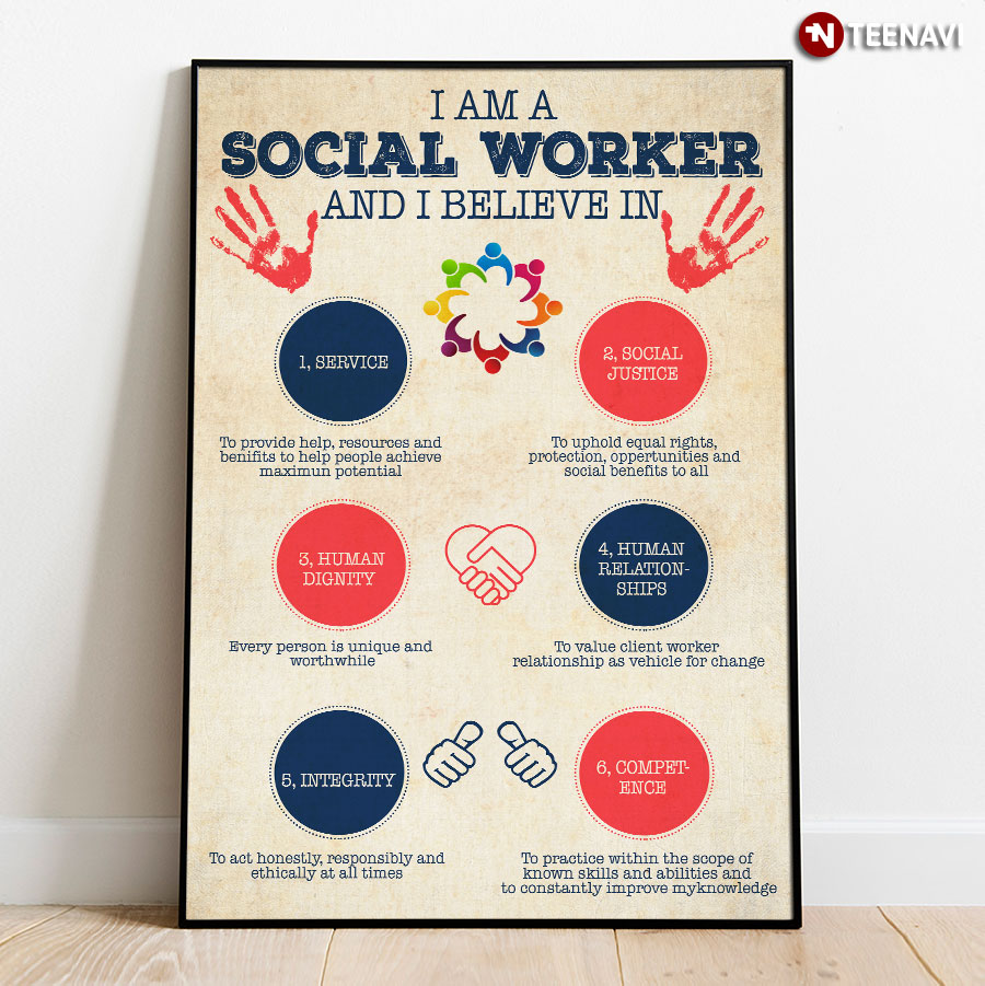 I Am A Social Worker And I Believe In 1 Service 2 Social Justice 3 Human Dignity 4 Human Relationships 5 Integrity 6 Competence Poster