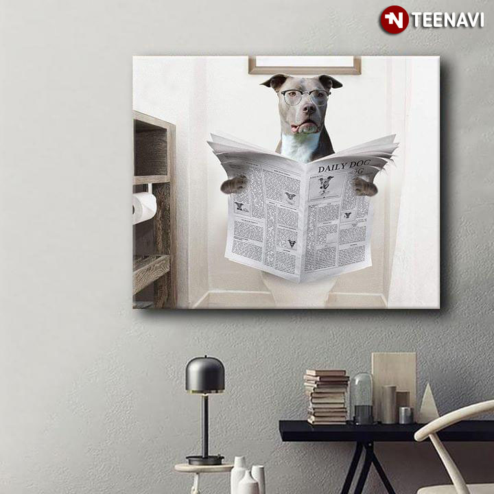 Funny Pitbull Wearing Glasses On Toilet Seat Reading Newspaper Daily Dog