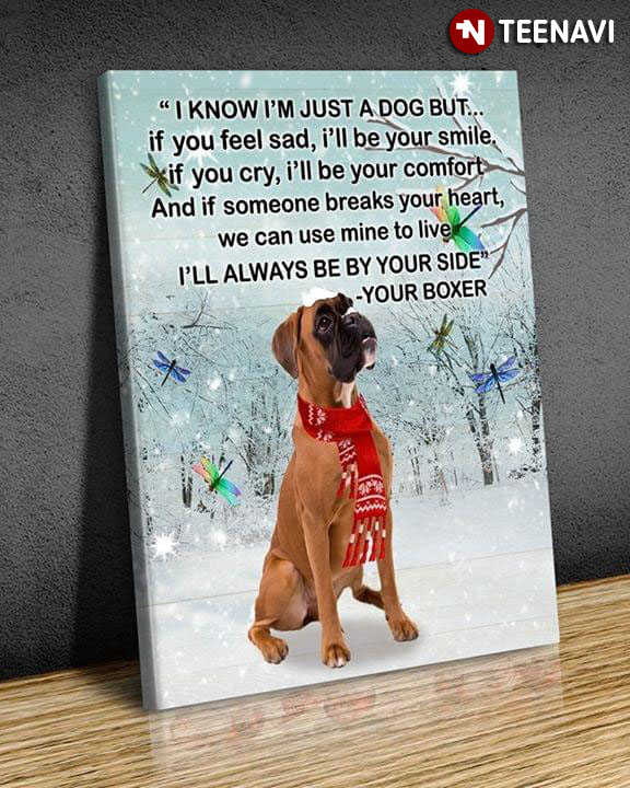 Boxer Wearing Red Scarf & Dragonflies In Snow I Know I'm Just A Dog But If You Feel Sad I'll Be Your Smile
