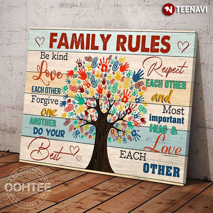 Tree Of Colourful Handprints Family Rules Be Kind Respect Each Other Love Each Other