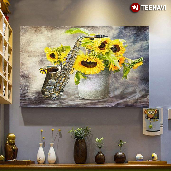 Yellow Butterfly Landing On Saxophone And Beautiful Vase Of Sunflowers