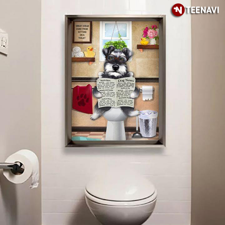 Funny Miniature Schnauzer Wearing Glasses On Toilet Seat Reading Newspaper Dog News