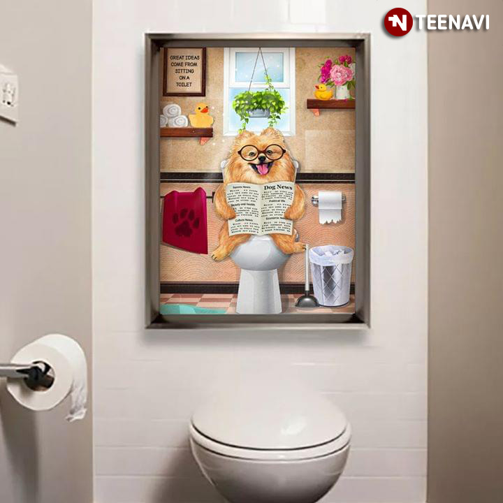Fluffy Pomeranian Wearing Glasses On Toilet Seat Reading Newspaper Dog News