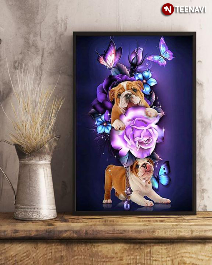 Adorable Bulldogs With Purple Blue Roses And Butterflies