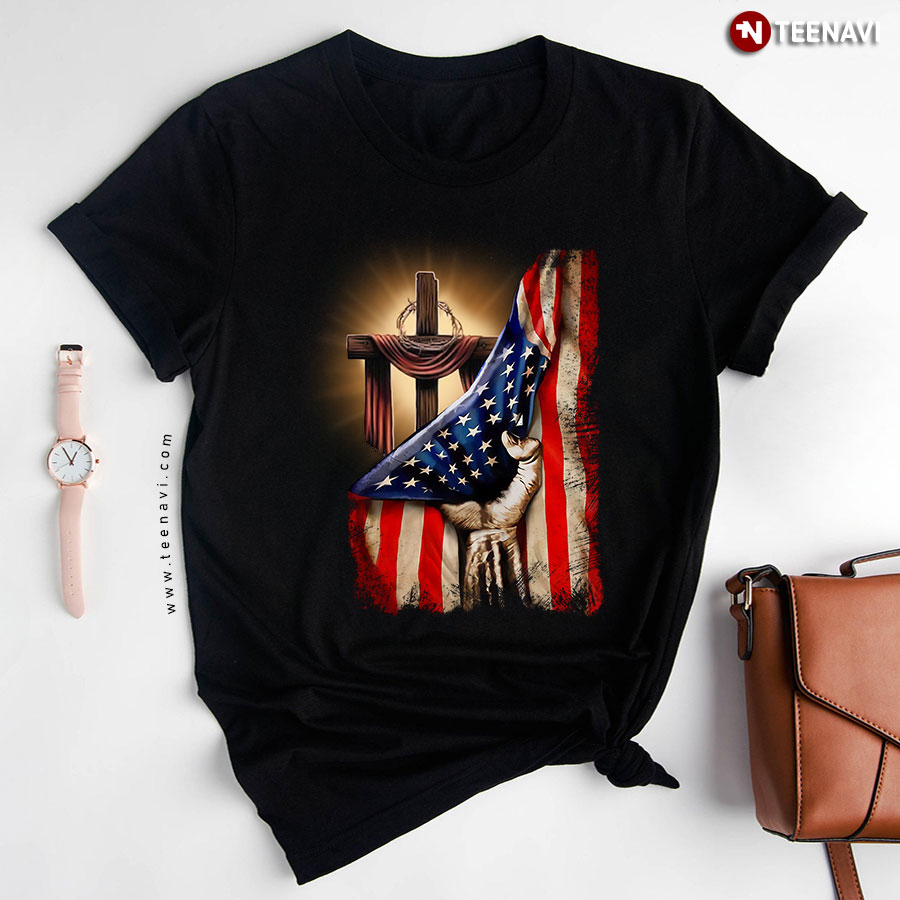 The Cross Behind American Flag T-Shirt