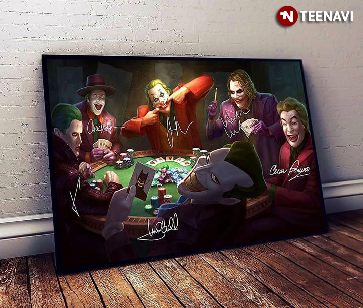 Funny Jokers Playing Poker With Batman Card And Signatures