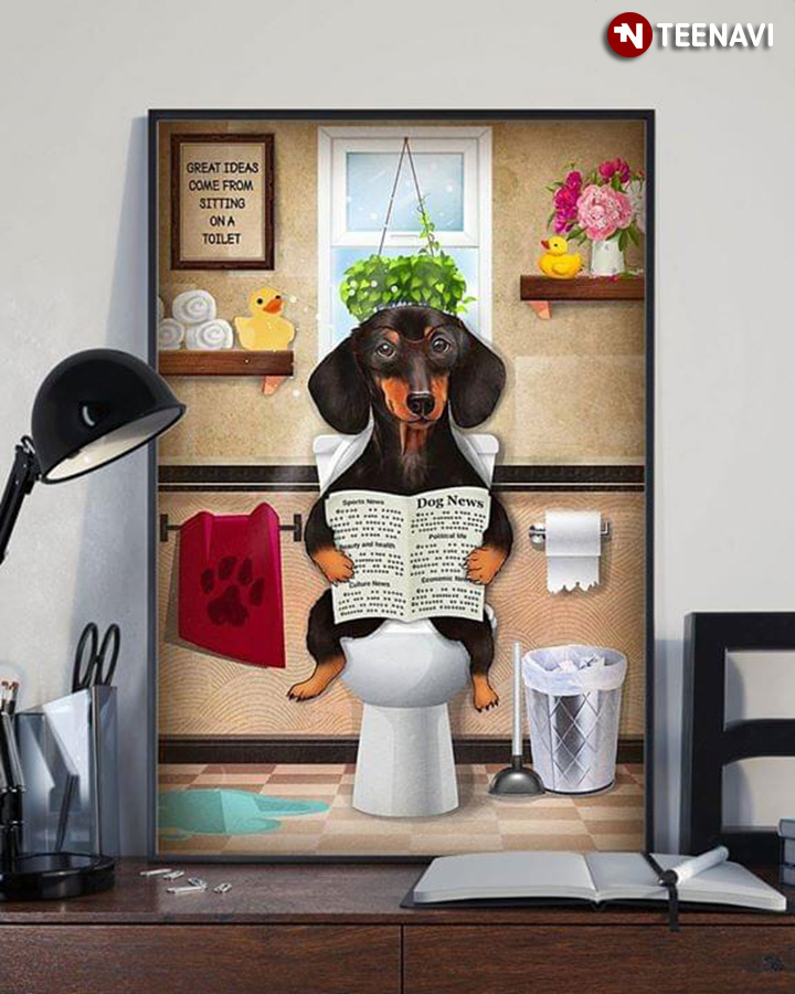 Funny Dachshund Wearing Glasses On Toilet Seat Reading Newspaper Dog News