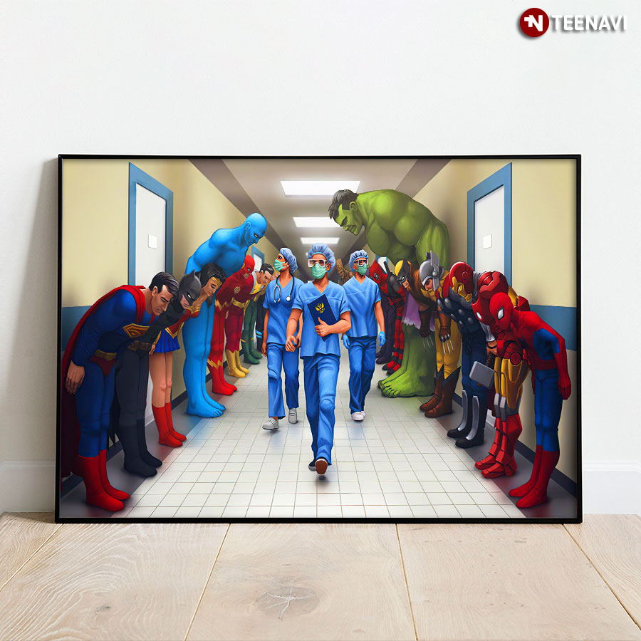 Support & Thank You Doctor And Nurse Pandemic Superheroes Bowing In A Hospital Hallway Poster